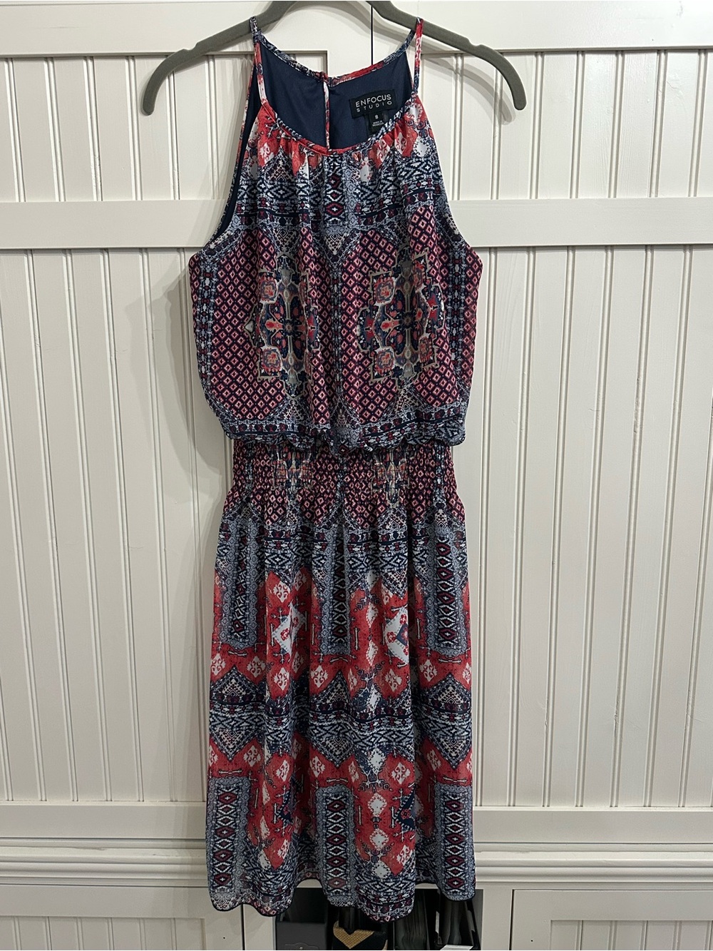 Enfocus Studio Navy and Red Printed Halter Midi Dress